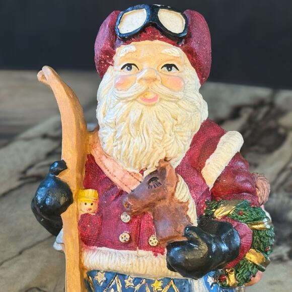 Vintage Skiing Santa Figurine w/ Wreath & Toy Bag by Windsor Collection, 5.5"H - Picture 2 of 10